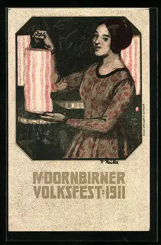 Künstler-AK Dornbirn, IV. Dornbirner Volksfest, 1911, Österreicherin mit Himmelslaterne