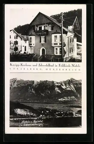 AK Feldkirch-Nofels, Kneipp-Kurhotel und Schwefelbad, Totalansicht mit Rheintal und Schweizerberge