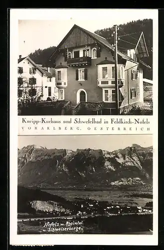 AK Feldkirch-Nofels, Kneipp-Kurhotel und Schwefelbad, Totalansicht mit Rheintal und Schweizerberge