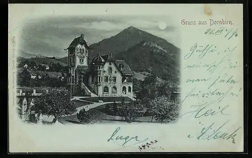 Mondschein-AK Dornbirn, Ortspartie mit Villa