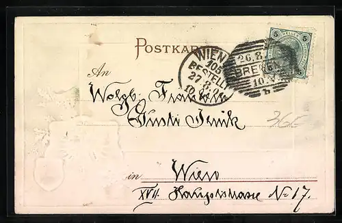 AK Bregenz, Ortsansicht aus der Vogelschau mit Wappen