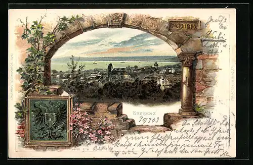 Lithographie Bregenz, Ortsansicht mit Kirche