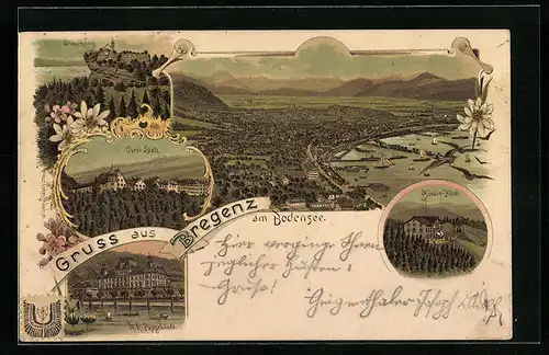 Lithographie Bregenz am Bodensee, Ortsansicht aus der Vogelschau, Pfänder-Hôtel, Obere Stadt