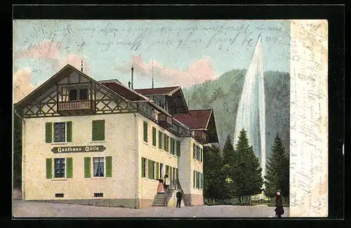 AK Dornbirn, Gasthaus Gütle mit Springbrunnen