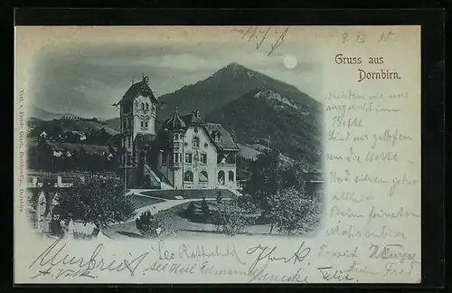 Mondschein-AK Dornbirn, Ortspartie mit Villa