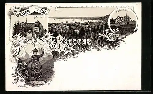 Lithographie Bregenz, Ortsansicht mit Pfänder-Hôtel, Gebhardsberg und Wälderin