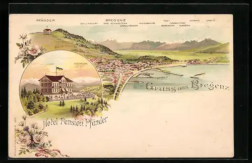 Lithographie Bregenz, Ortsansicht mit Hotel Pension Pfänder