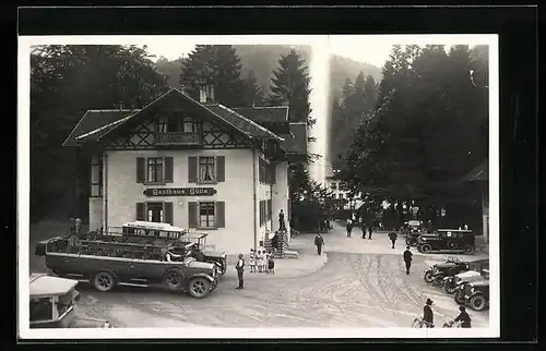 AK Dornbirn, Gasthaus Gütle mit Parkplatz und Springbrunnen