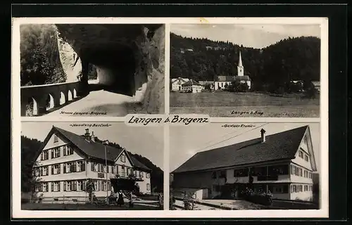 AK Langen, Handlung Bertsch, Gasthaus Krone, Ortsansicht mit Kirche
