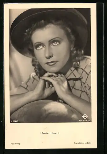 AK Schauspielerin Karin Hardt mit Hut und nachdenklichem Blick