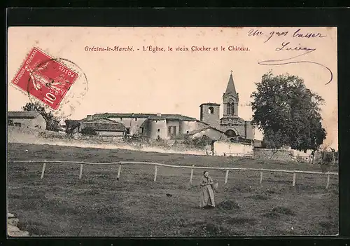 AK Grézieu-le-Marché, l'Église, le vieux clocher et le Chateau