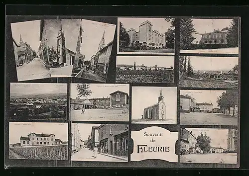 AK Fleurie, l'Eglise, la Mairie, Chateau du Grand Pré