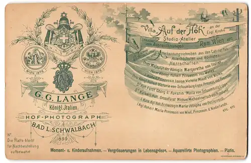 Fotografie G. G. Lange, Bad Langenschwalbach, Villa Auf der Höh, Wappen und Medaillen, Banderole