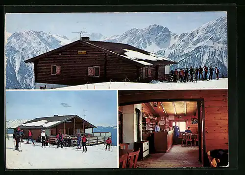 AK Geiselsberg /BZ, Geiselsbergerhütte am Kronplatz mit Skifahrern, Innenansicht, Seitenansicht