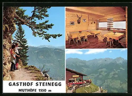 AK Muthöfe /Dorf Tirol, Gasthof Steinegg, Innenansicht, Paar auf einem Felsen