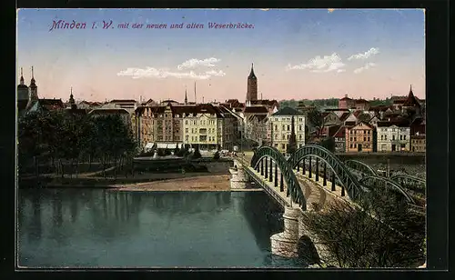 AK Minden i. W., Blick auf neue und alte Weserbrücke