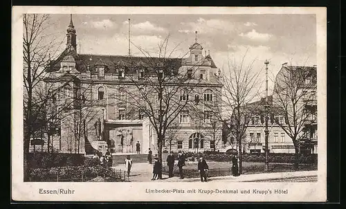 AK Essen / Rihr, Limbecker-Platz mit Krupp-Denkmal und Krupp's Hotel