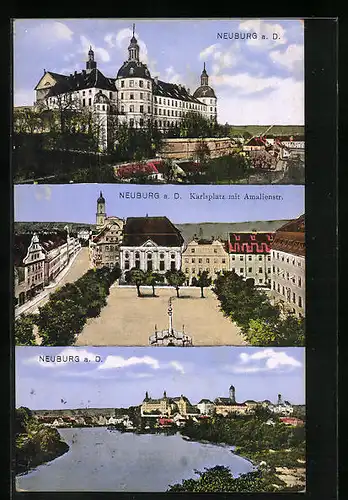 AK Neuburg a. D., Karlsplatz mit Amalienstrasse, Schloss