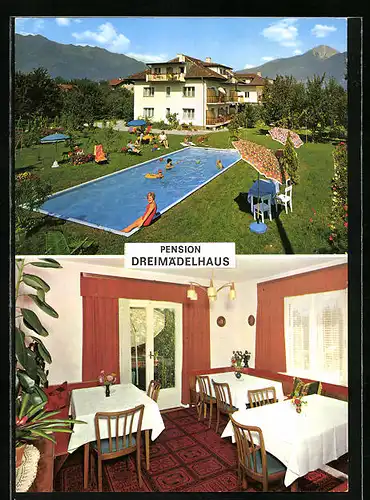 AK Lana bei Meran, Pension Dreimädlhaus, Greiterweg 5, Garten mit Pool