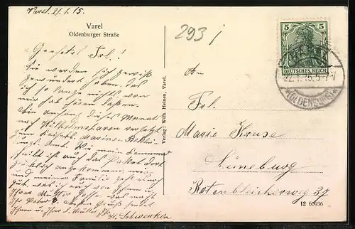 AK Varel i. O., Partie in der Oldenburger Strasse, mit Haus J. F. Duhn