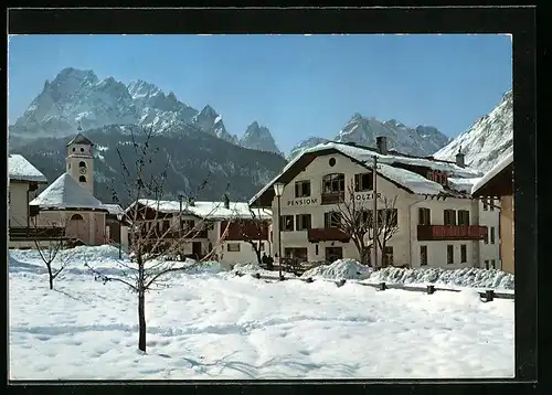 AK Moos in Sexten, Ortspartie im Winter mit Rotwand, Elfer-, Zwölfer- und Einserkofel