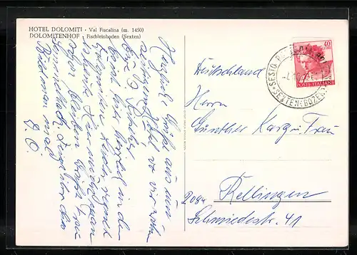 AK Sexten, Hotel Dolomitenhof - Fischleinboden