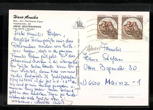 AK Moos in Sexten, Pension Haus Arnika, Ortsansicht aus der Vogelschau