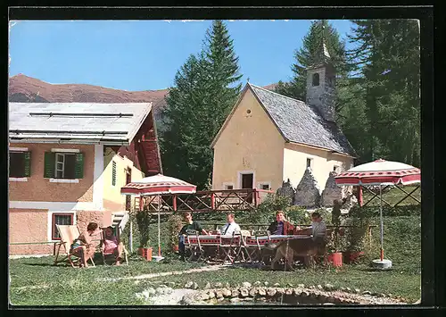 AK Moos in Sexten, Gasthof Bad Moos - Garten und Kapelle