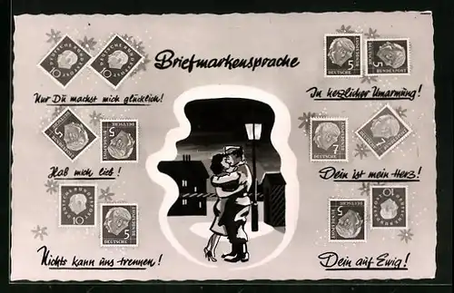 AK Briefmarkensprache, Liebespaar bei Nacht