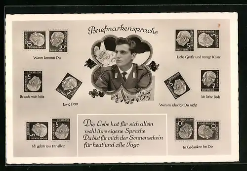 AK Briefmarkensprache, Soldat mit Kleeblatt-Motiv