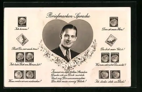 AK Briefmarkensprache, Junger Herr im Anzug mit Herz-Motiv