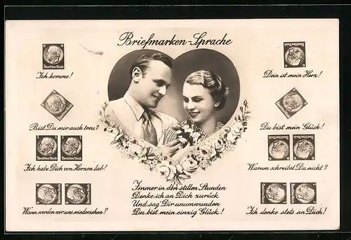 AK Briefmarkensprache, Liebespaar mit Herz-Motiv