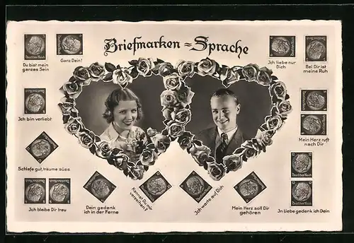 AK Briefmarkensprache, Ich liebe nur Dich, Herzmotive