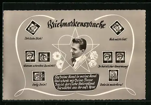 AK Briefmarkensprache, Junger Herr im Anzug mit Herz-Motiv