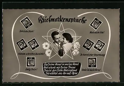 AK Briefmarkensprache, Liebespaar mit Herzmotiv, Ich liebe Dich!