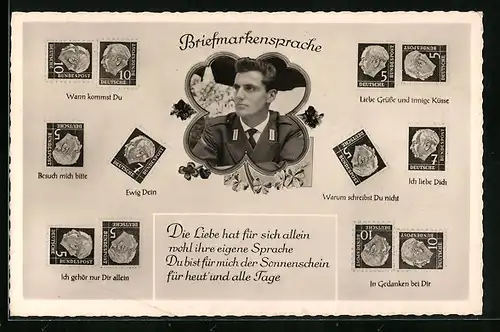 AK Briefmarkensprache, Soldat mit Kleeblatt-Motiv