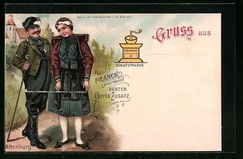 Lithographie Aecht Franck, Caffee-Zusatz, Altenburg, Paar in Tracht