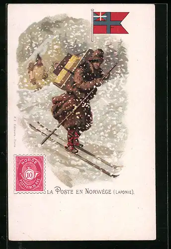 Lithographie La Poste en Norwège, Postbote auf Skiern