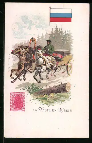 Lithographie La Poste en Russie, Pferdekutsche