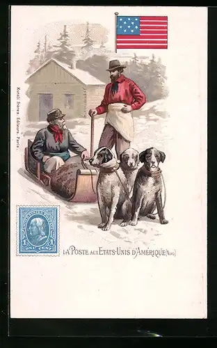 Lithographie La Poste aux Etats-Unis d`Amerique, Schlittenhunde
