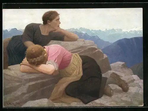 Künstler-AK Thomas Walch: Zwei junge Frauen in den Bergen Süd-Tirols