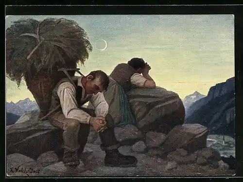 Künstler-AK Thomas Walch: Zwei Arbeiter pausieren auf Steinen in der Abenddämmerung