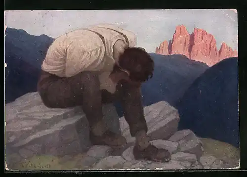 Künstler-AK Thomas Walch: Älterer Herr sitzt gekrümmt auf einem Stein in Berglandschaft