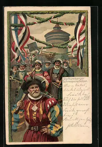 Lithographie Nürnberg, X. Deutsches Turnfest 1903, Die Nürnberger Schnepperschützen