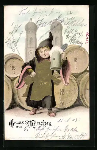 Präge-Lithographie München, Münchner Kindl mit Bierkrug vor Frauenkirche