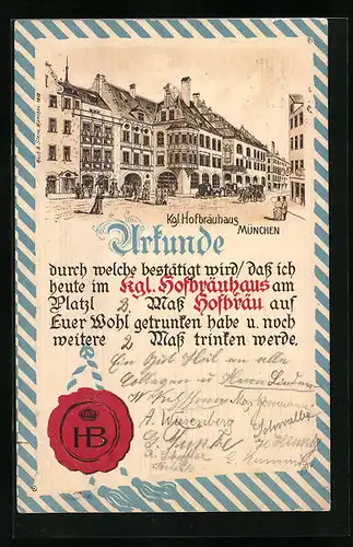 Präge-Lithographie München, Münchner Hofbräuhaus, Urkunde mit Siegel