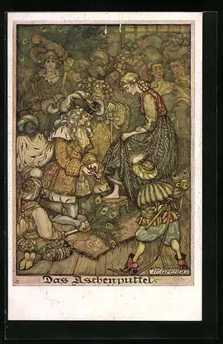 AK Deutscher Schulverein Nr. 1256: Prinz probiert Aschenputtel Schuh an, Märchen