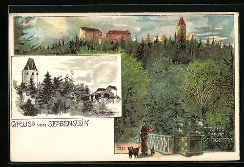 Lithographie Seebenstein, Partie aus dem Schlosspark