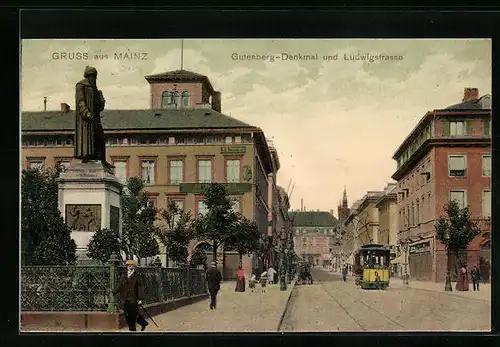 AK Mainz, Strassenbahn am Gutenberg-Denkmal an der Ludwigstrasse