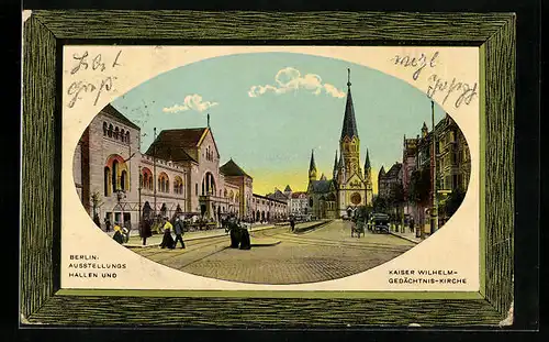 Passepartout-AK Berlin, Ausstellungshallen und Kaiser Wilhelm-Gedächtnis-Kirche